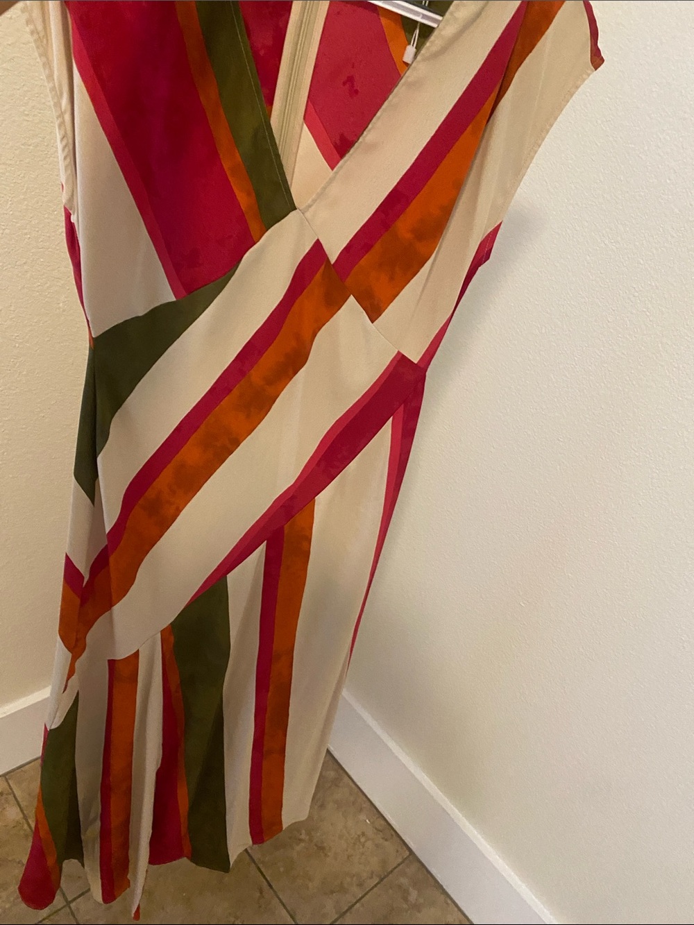 Mango Striped V-Neck Maxi Dress in Cream, Pink, Olive & Orange